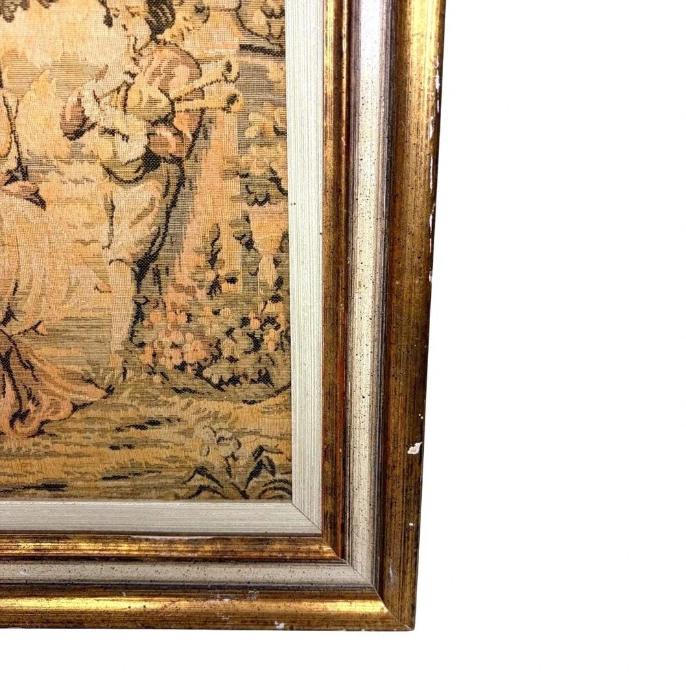 Vintage French Rococo Style Framed Tapestry Wall Art Pastoral Garden Scene 12x13